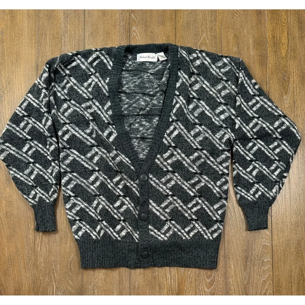 Vintage Michael Gerald Cardigan Men XL Black White Geometric Grandpa Sweater